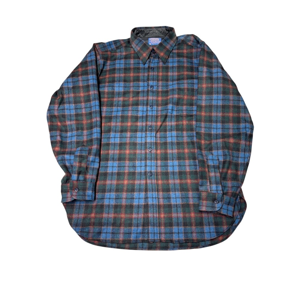 Vtg 60/70 Pendleton Wool Mills Flannel Shirt Mens Large Blue Green Plaid Button